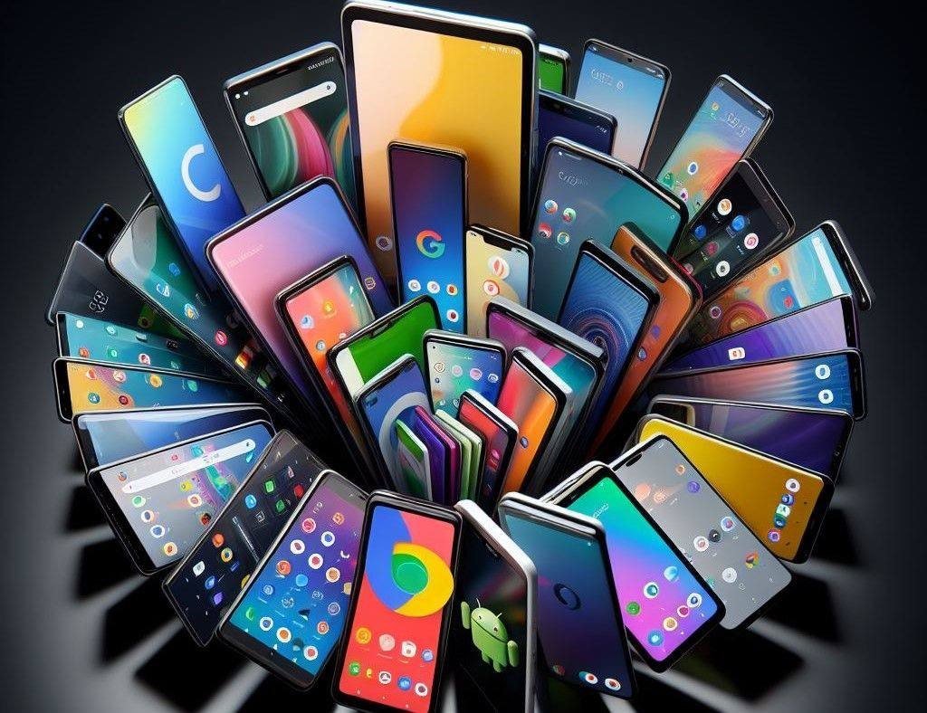 Muchos teléfonos inteligentes de diferentes colores dispuestos en abanico
